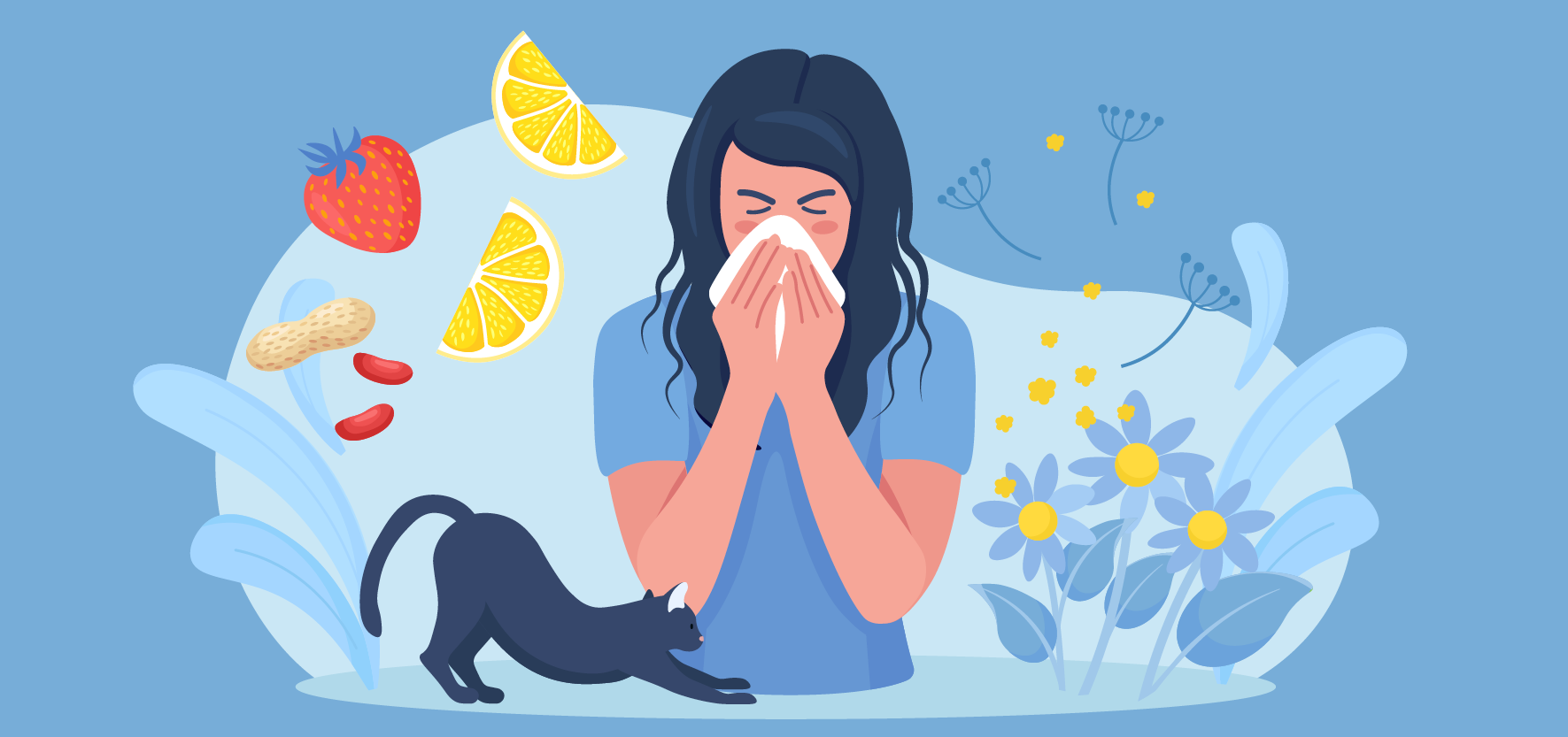 An illustration of a woman suffering from various allergies like food, pets, and plant pollens
