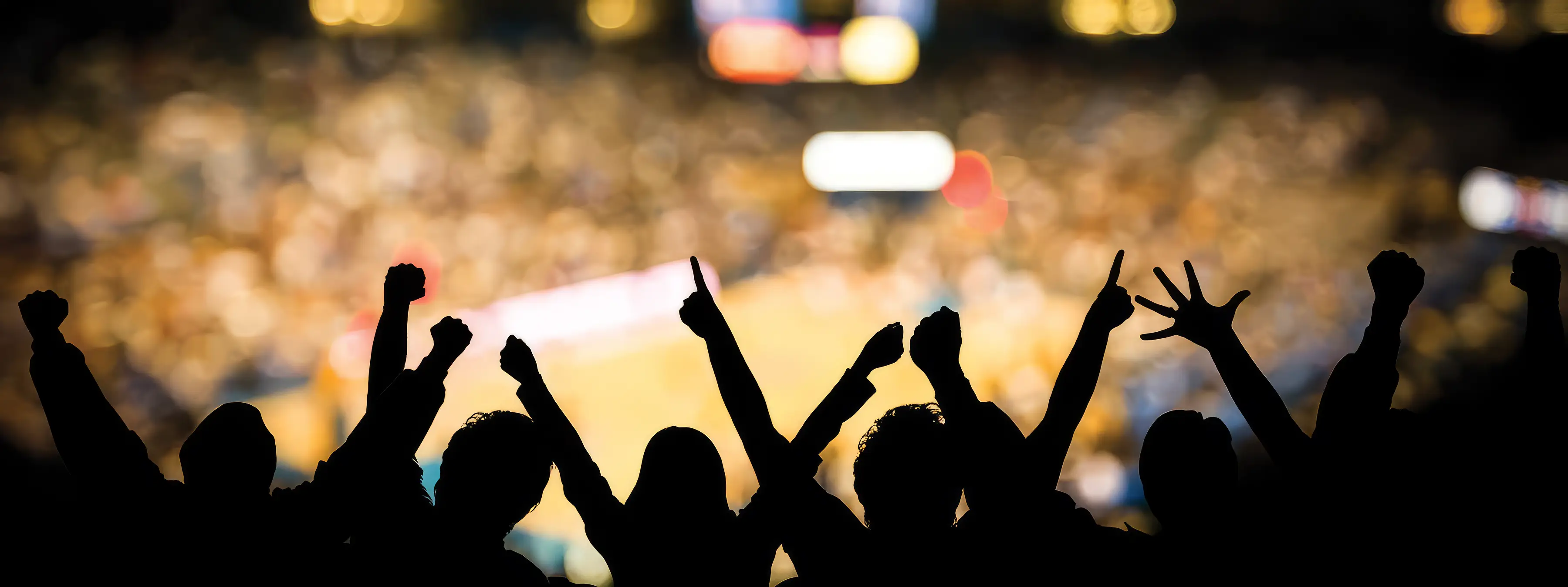 Silhouetted crowd with raised arms, celebrating during a sports event in a stadium.