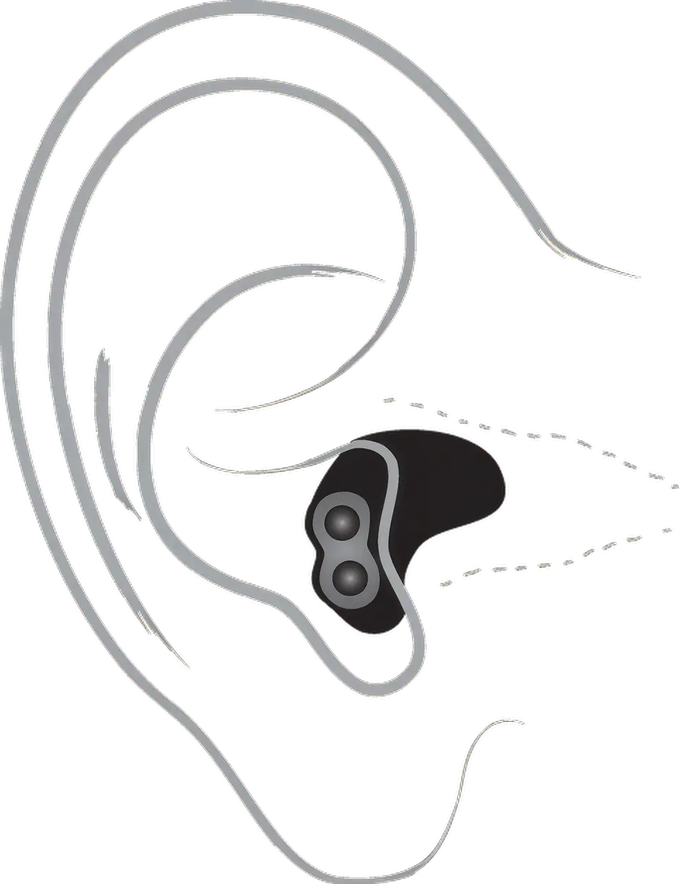 Technical drawing of a custom in-ear headphone design with visible wiring and earbud details.