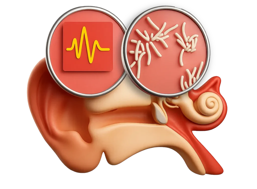 Illustration of an ear anatomy with two enlarged sections showing sound waves and bacteria.