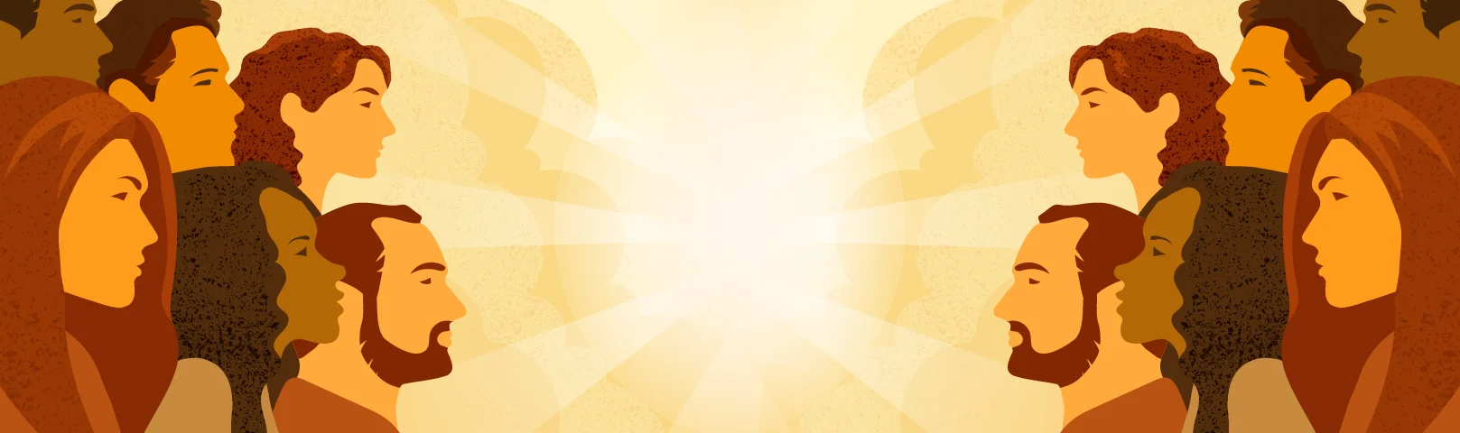 Silhouettes of diverse faces facing each other, with light radiating from the center, suggesting communication and unity.