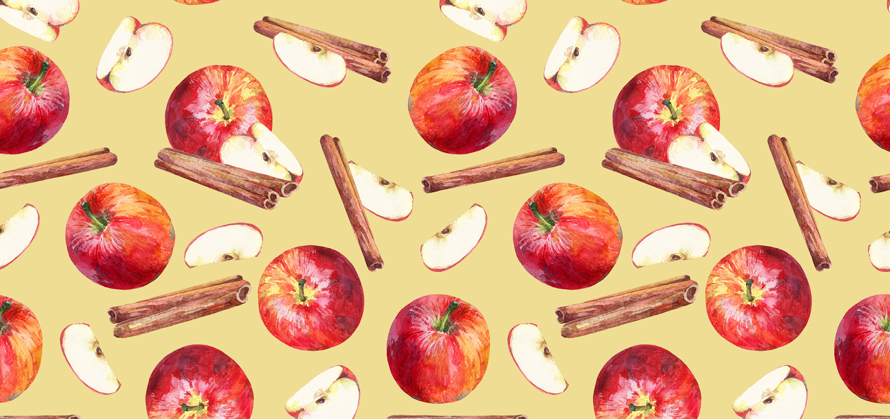 An illustration of whole apples, apple slices, and cinnamon